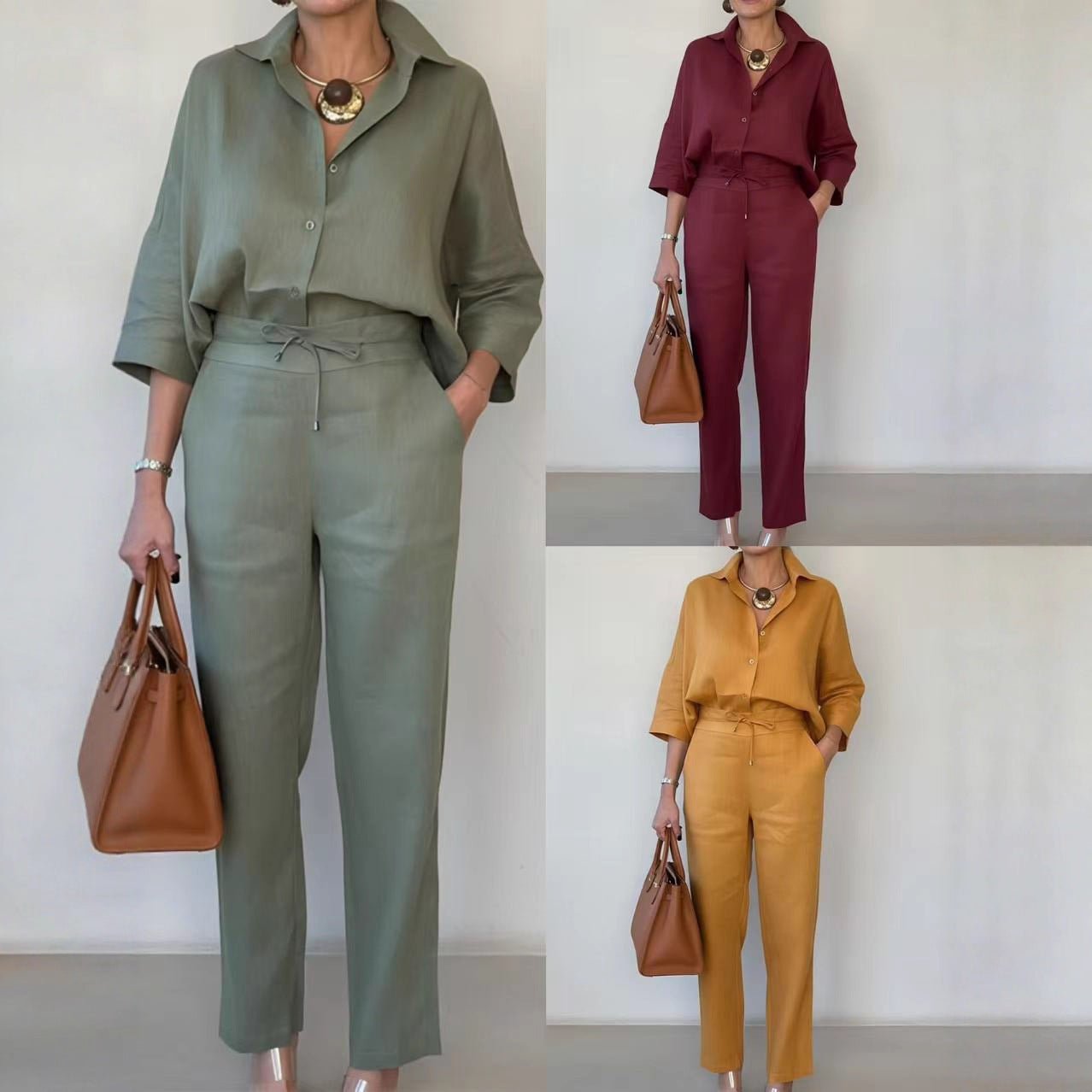 Elegant Polo Collar Linen Shirt And Two-piece Pants