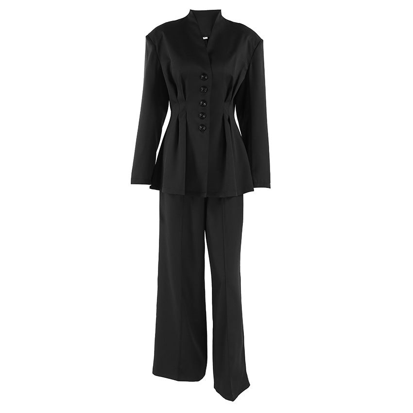 Long Sleeve Pleated Waist Suit Jacket Trousers Two-piece Set
