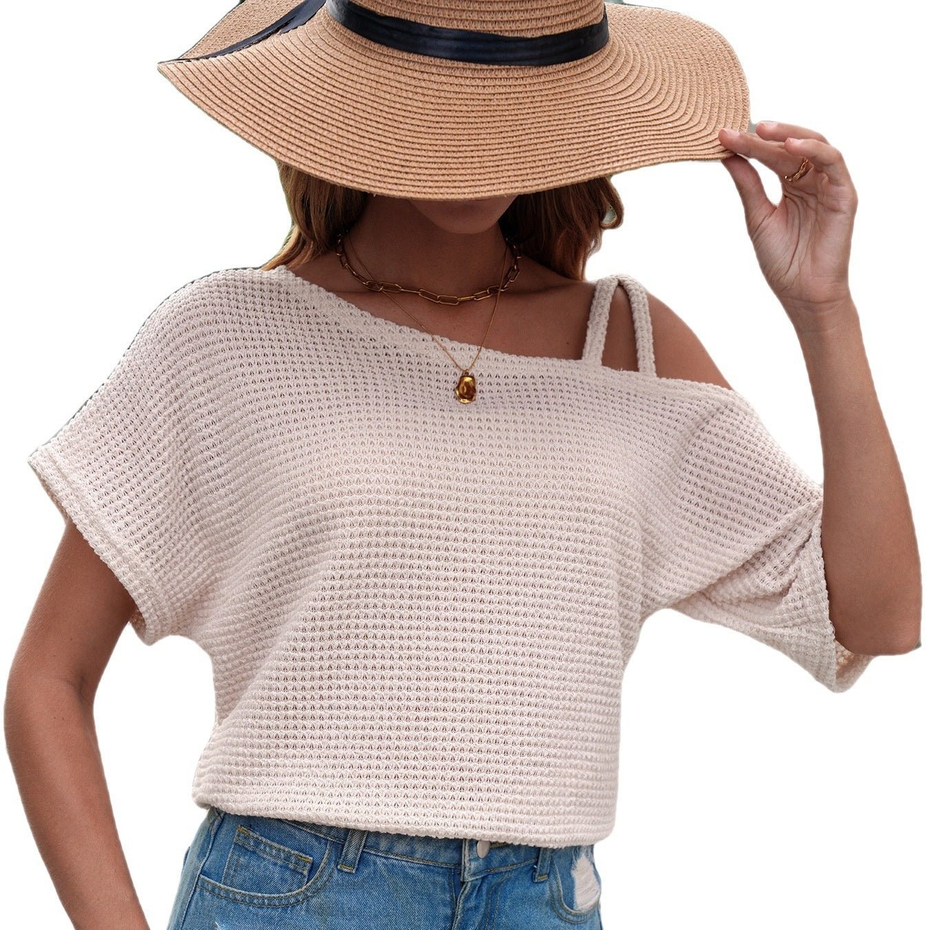 Short-sleeved Off-shoulder Knitted T-shirt Casual Women