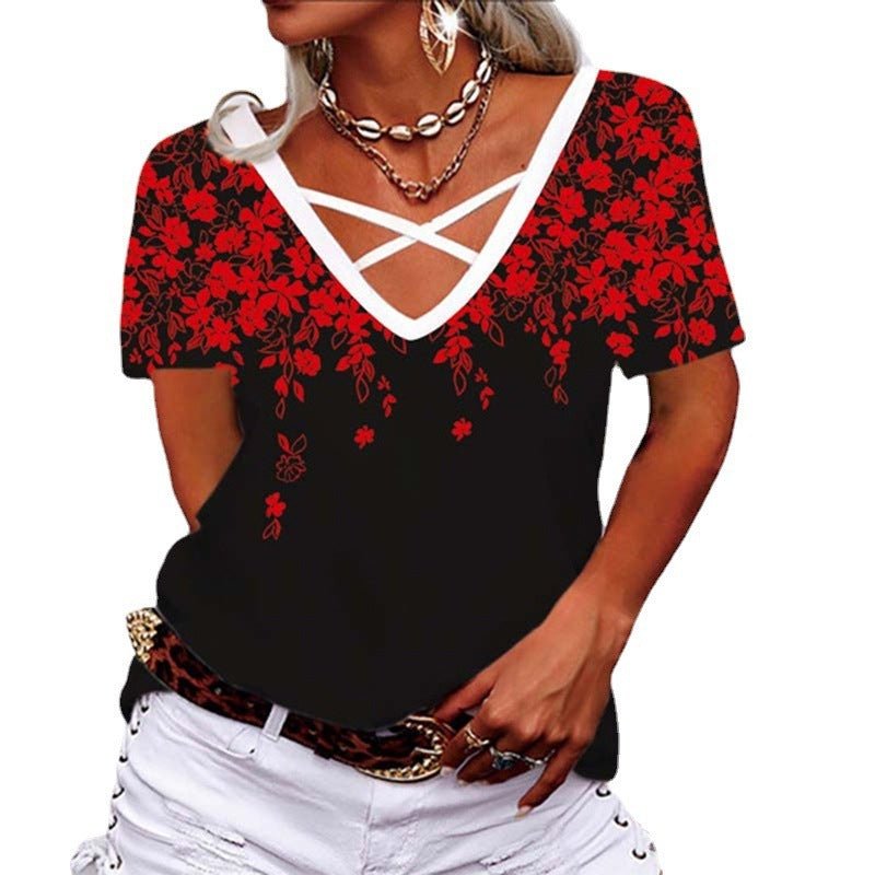 Loose V-neck Cross Printed T-shirt Casual Wear