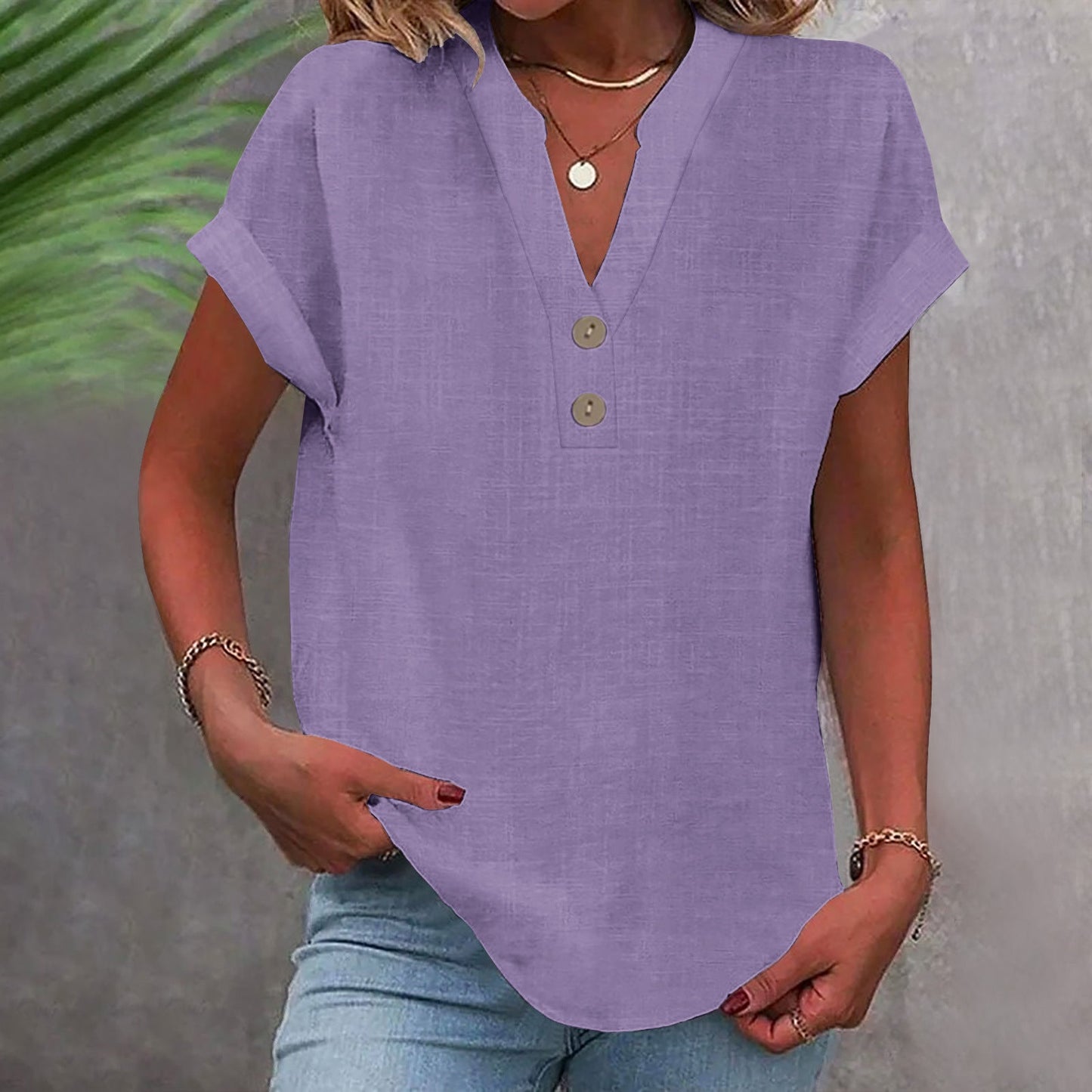 Stand Collar Button Short Sleeve Women's Shirt