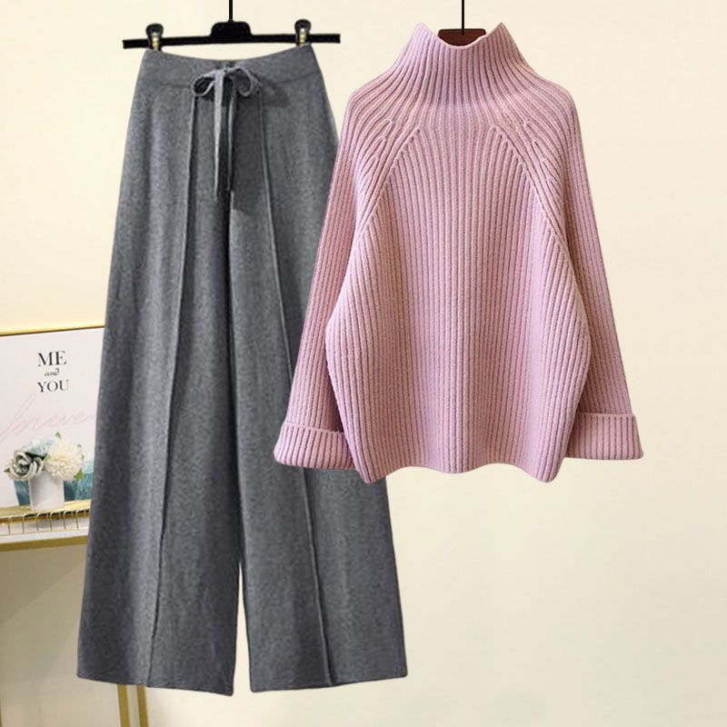 Half Sleeves Sweater Lace-up Wide Leg Pants Suit