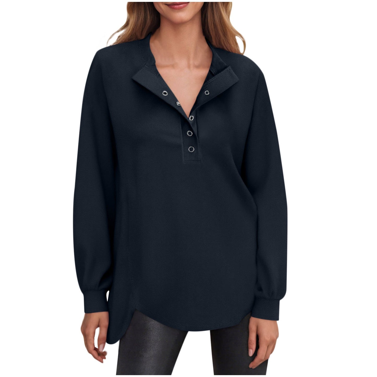 Women's Fashion Casual Solid Color Round Neck Button Long Sleeve Top