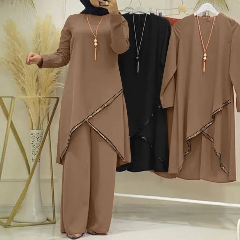 O-collar Long Sleeve Shirt Wide Leg Pants Suit Casual