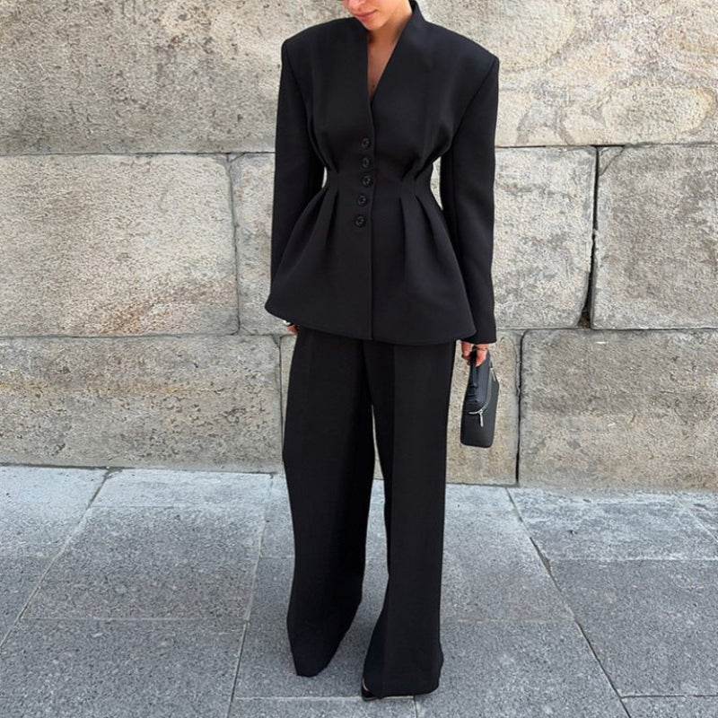 Long Sleeve Pleated Waist Suit Jacket Trousers Two-piece Set