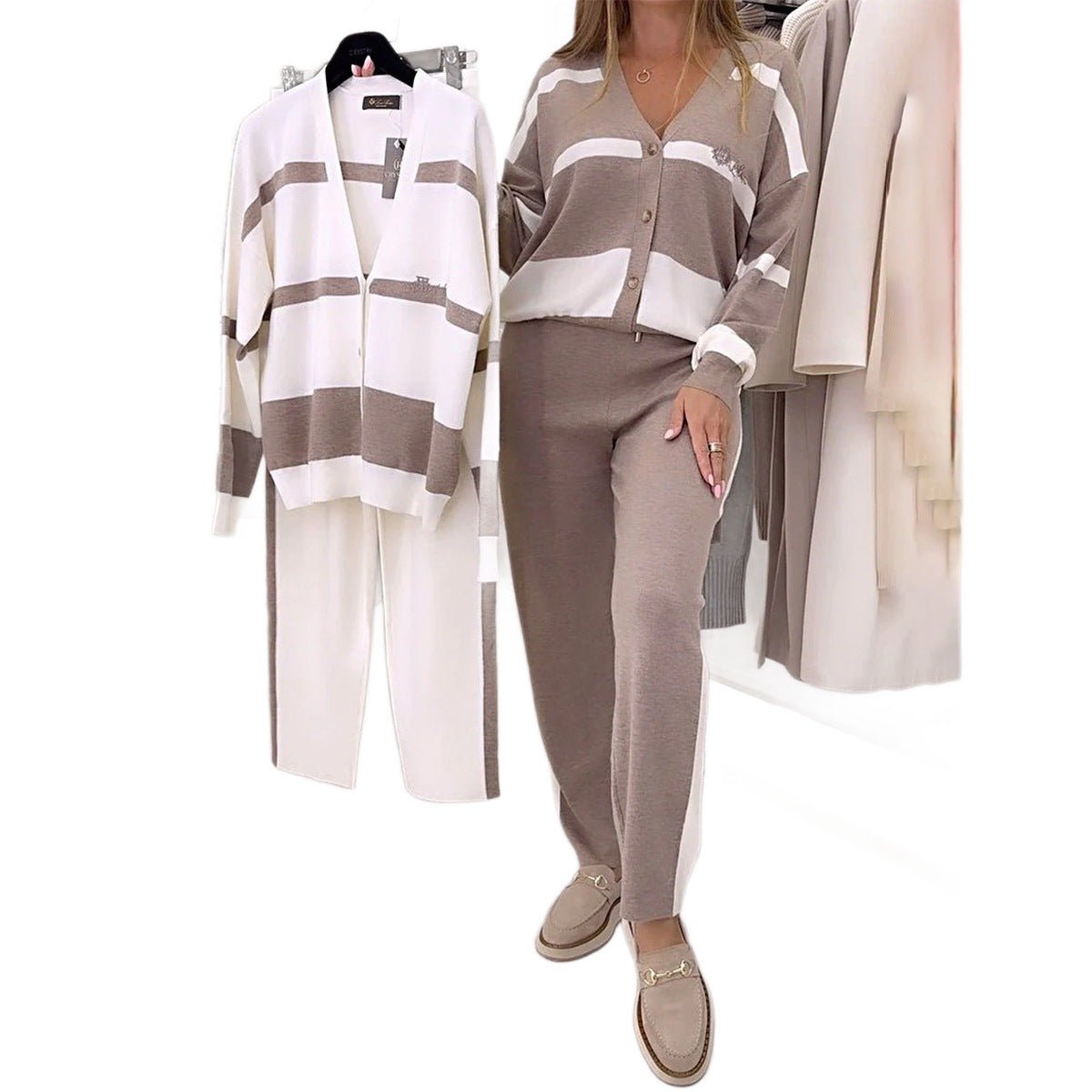Striped Top Trousers Women's Suit Two-piece Set