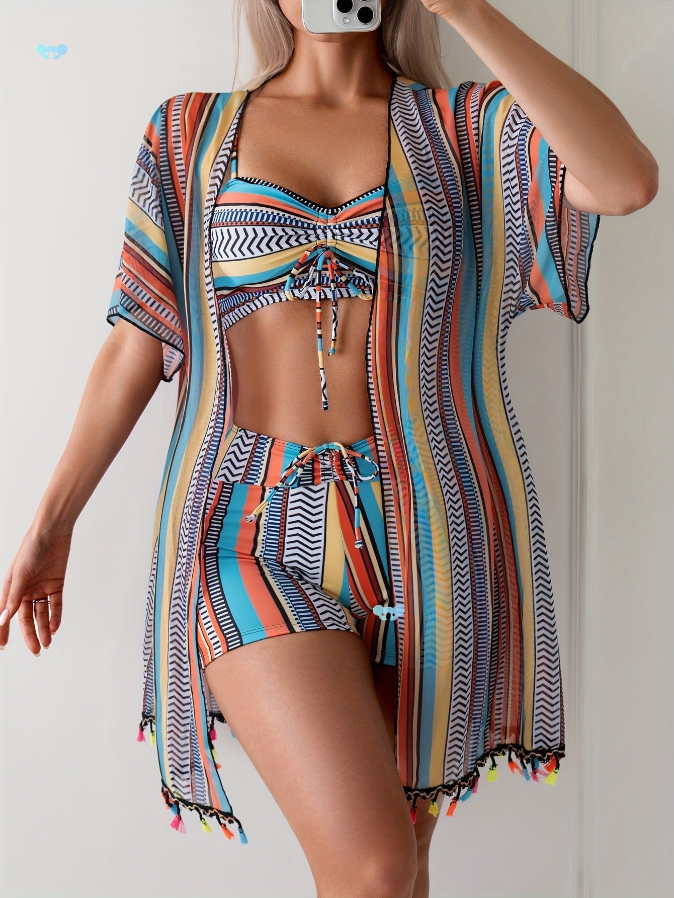 Nautical Breeze 3 - Piece Striped Bikini Set - Saunders Fashion