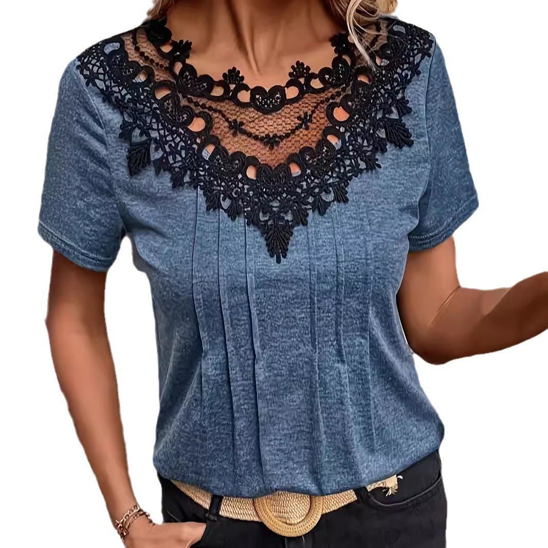 Women's Lace Patchwork Ruffled Short-sleeved T-shirt