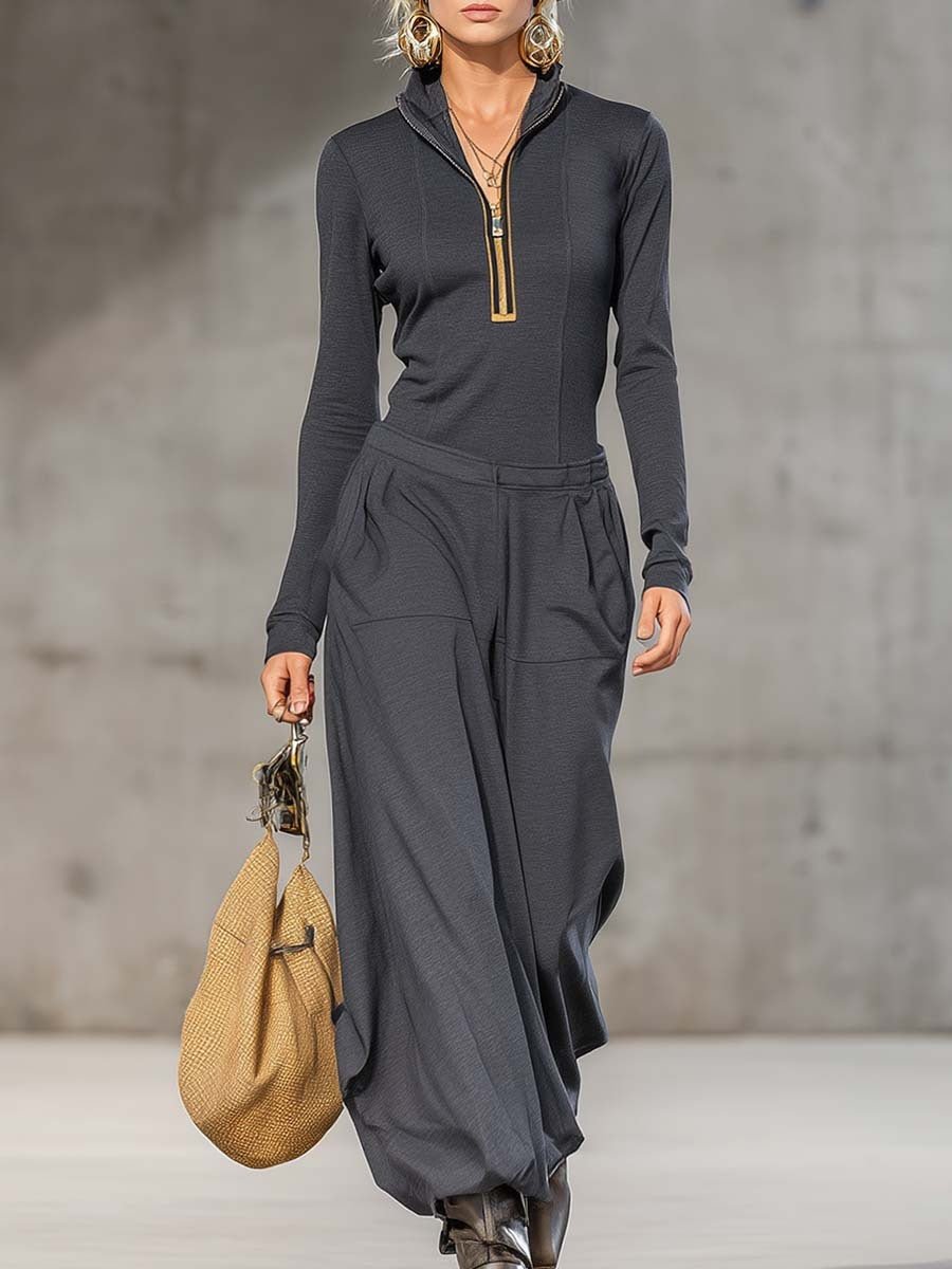 Wide Leg Pocket Trousers and Long Sleeves Top Two-piece Set