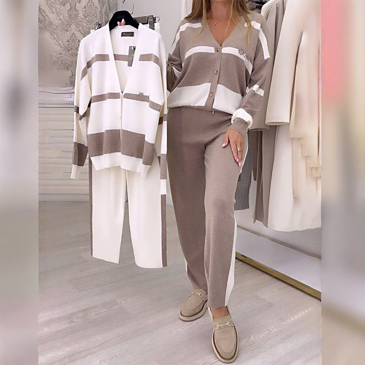 Striped Top Trousers Women's Suit Two-piece Set