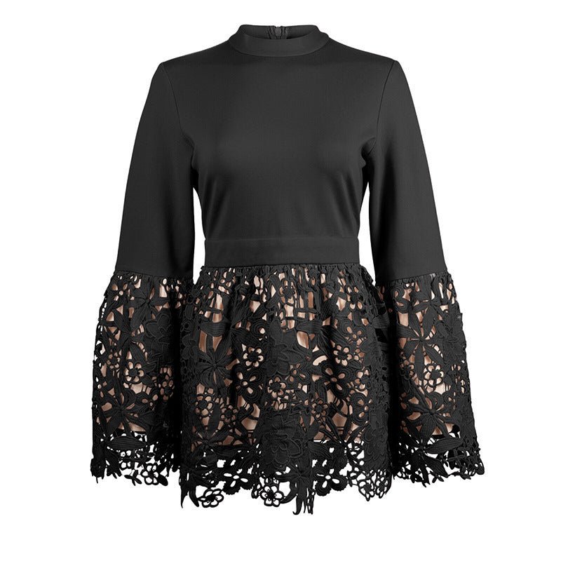 Bell Sleeve Lace Shirt Patchwork Stand-up Collar For Women