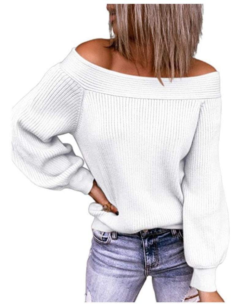 Off-The-Shoulder Loose Knit Sweater One-Neck Solid Color Pullover Women
