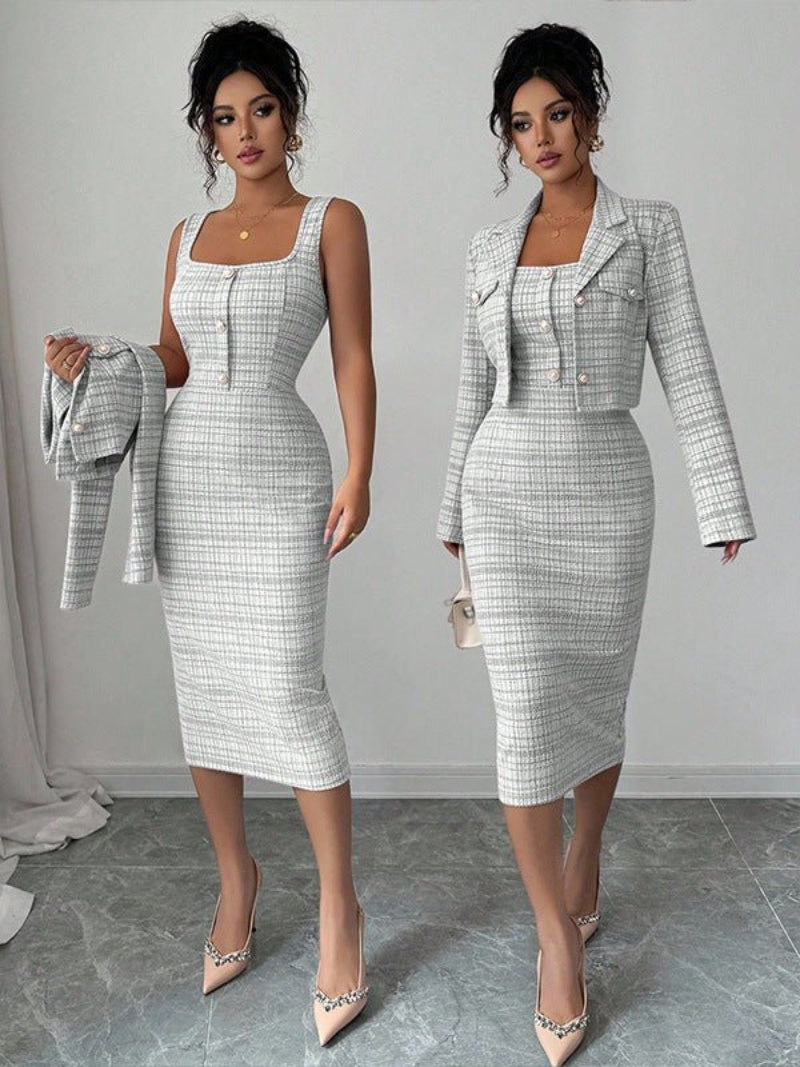 Elegant plaid jacket and dress two-pieces