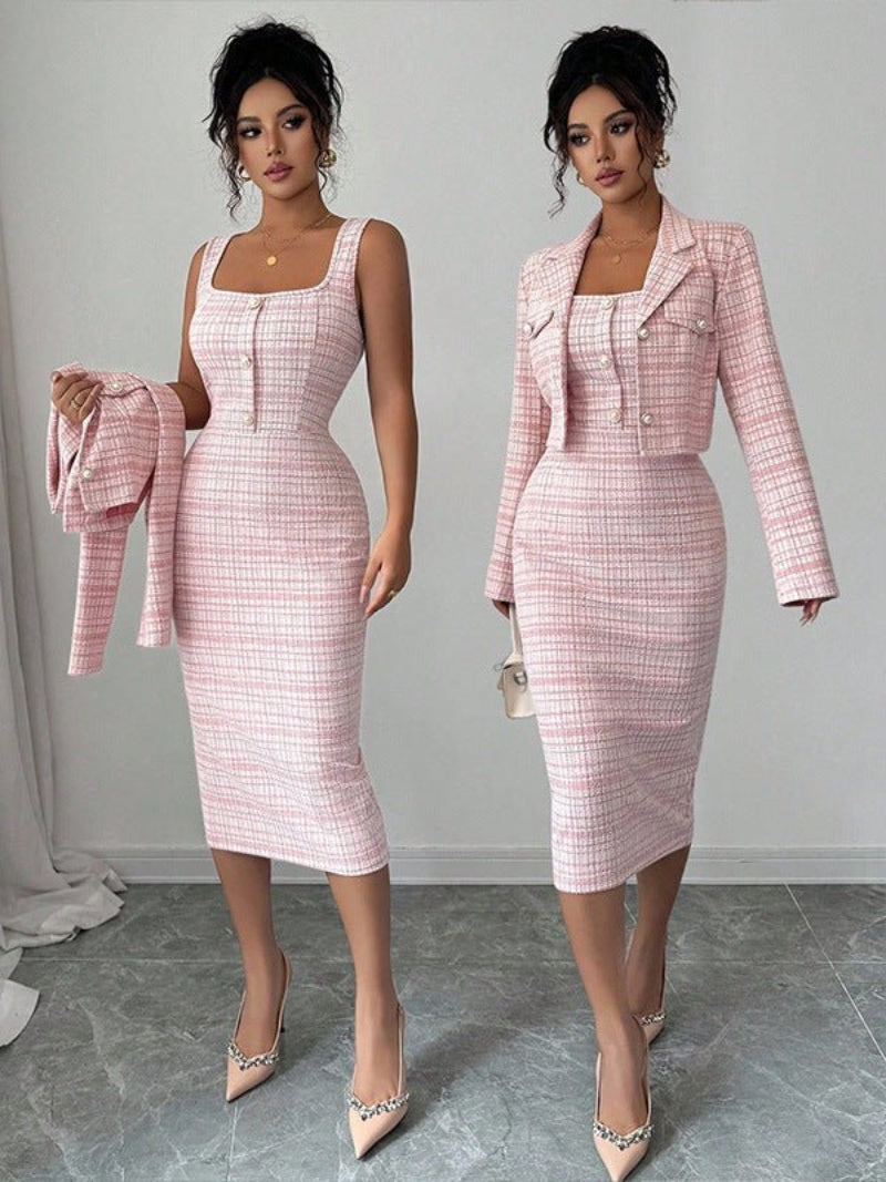 Elegant plaid jacket and dress two-pieces