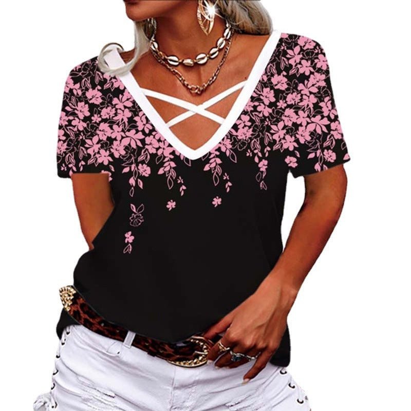 Loose V-neck Cross Printed T-shirt Casual Wear