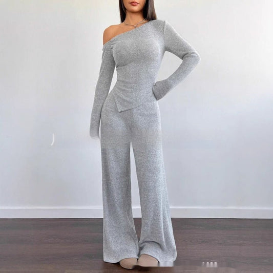 Simple Shoulder Graceful Top and Pants Suit for Women
