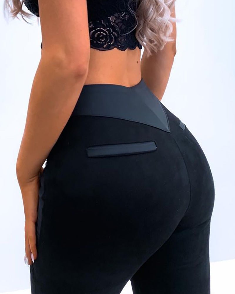 Polyester Fiber Black Panel Zipper Trousers Casual Pants