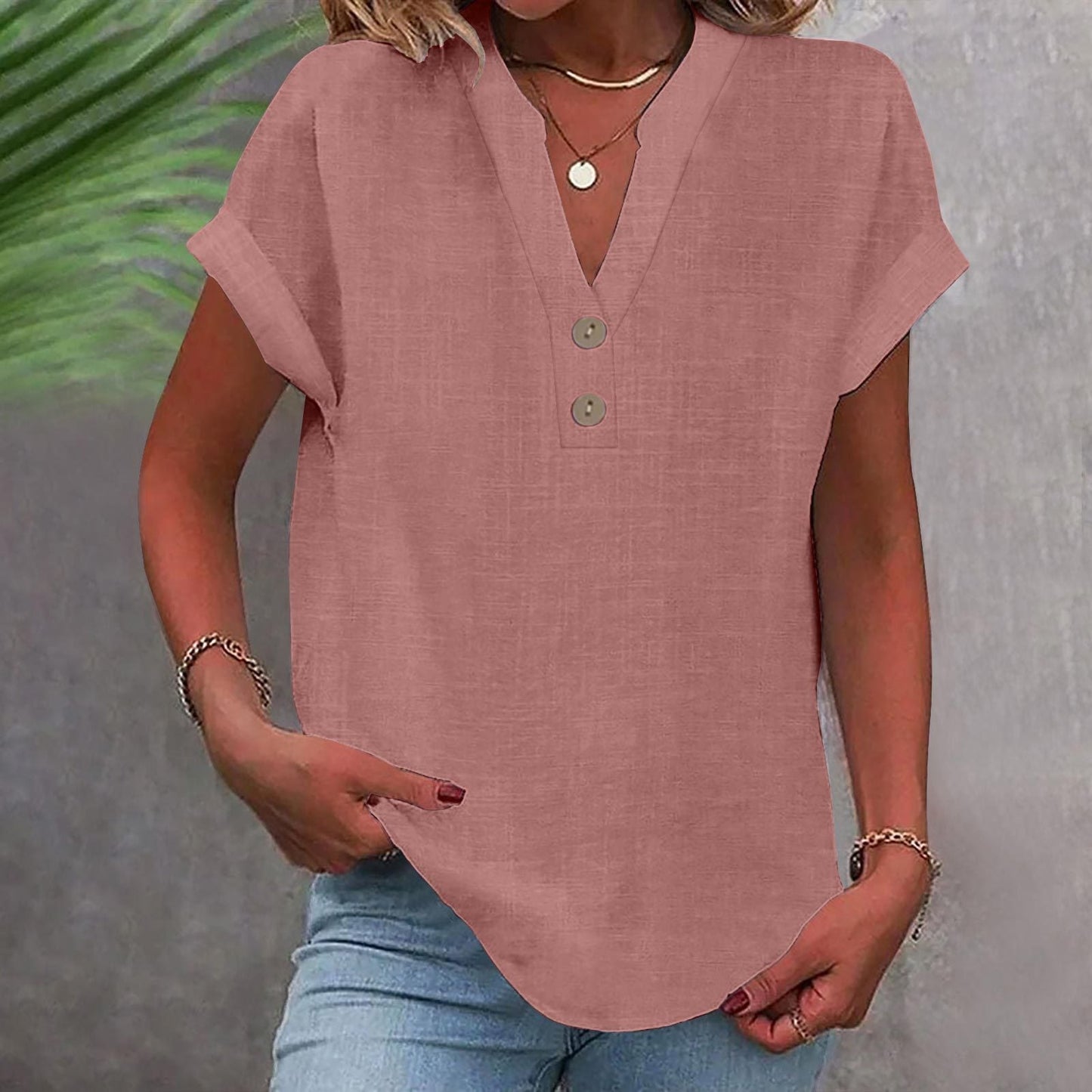 Stand Collar Button Short Sleeve Women's Shirt