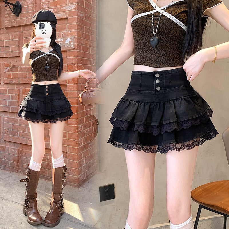 Jupe en jean à volants en dentelle double couche style fille pure et sexy pour femme