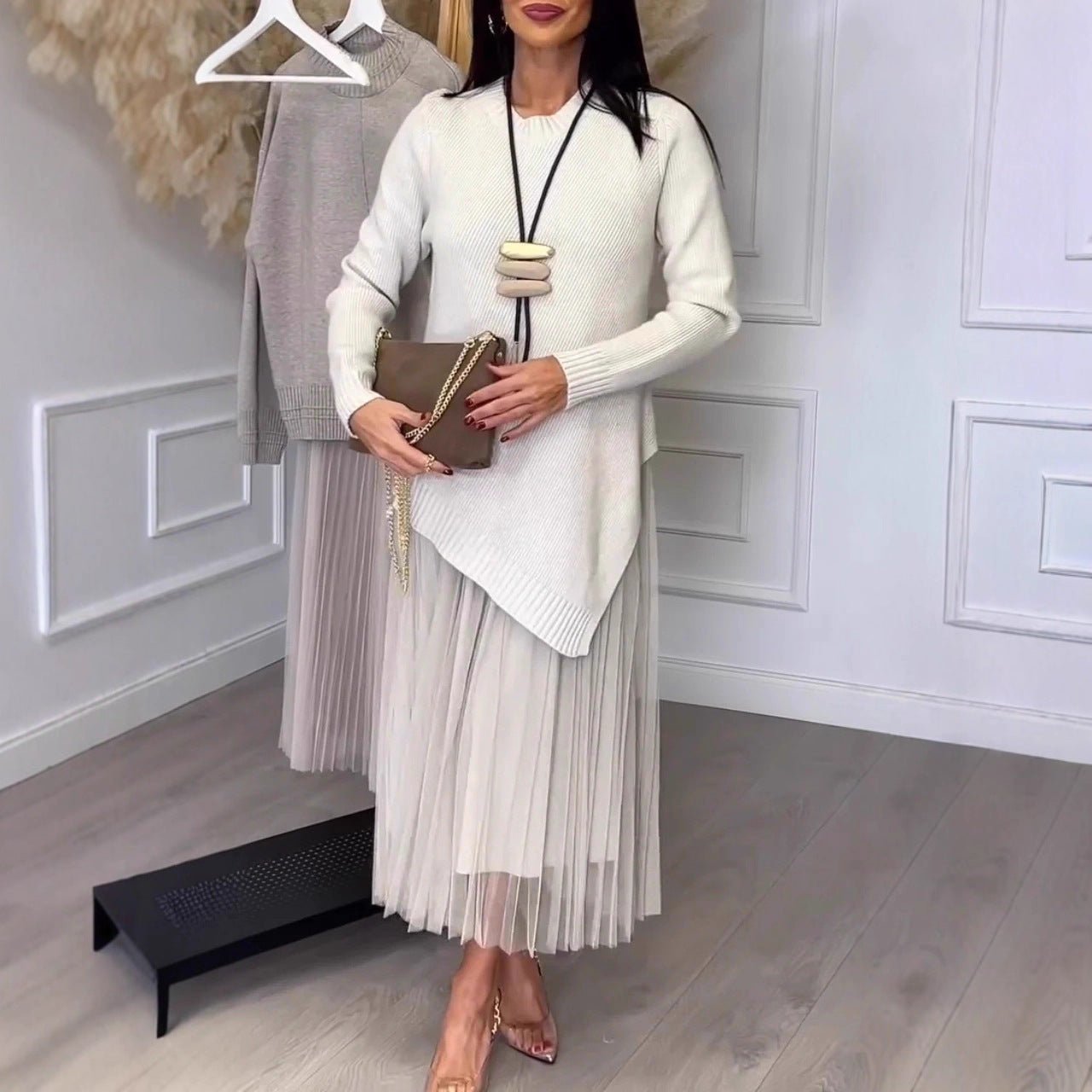 Lined Mesh Pleats Skirt Suit For Women Elegance