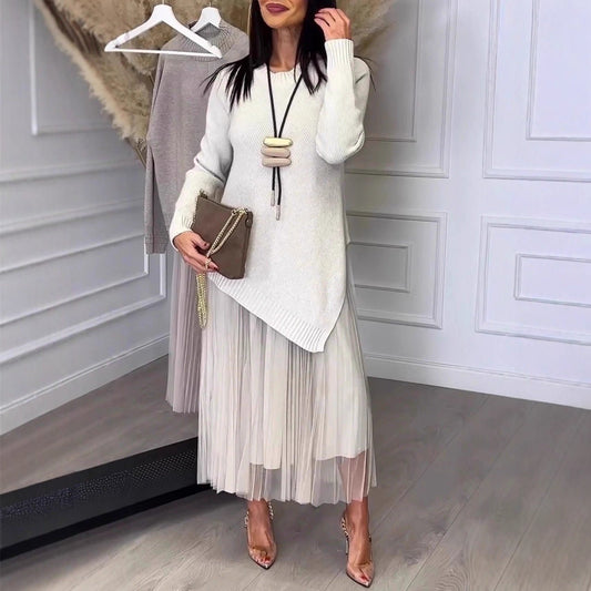 Lined Mesh Pleats Skirt Suit For Women Elegance