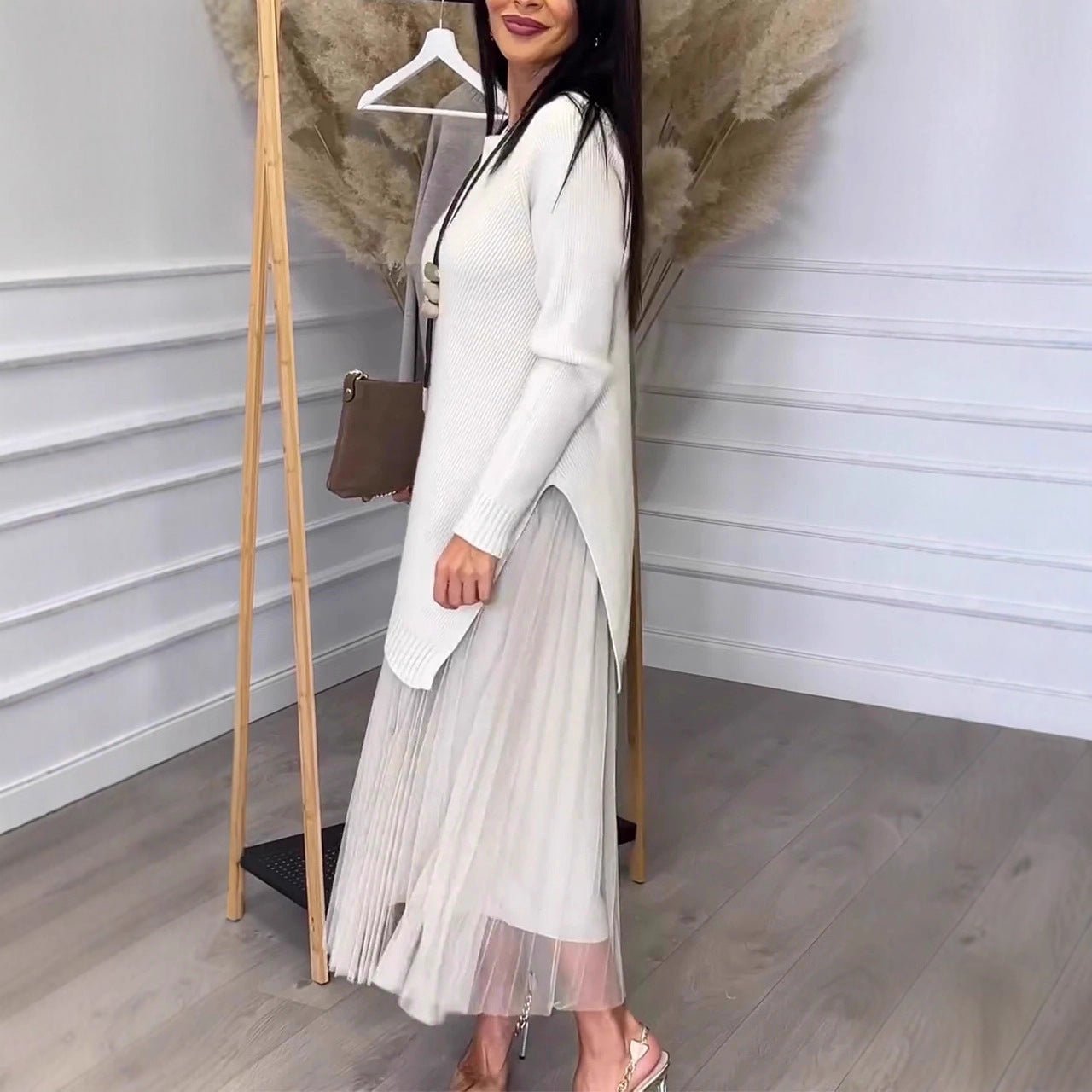 Lined Mesh Pleats Skirt Suit For Women Elegance
