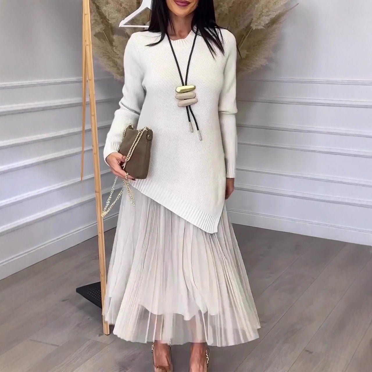 Lined Mesh Pleats Skirt Suit For Women Elegance