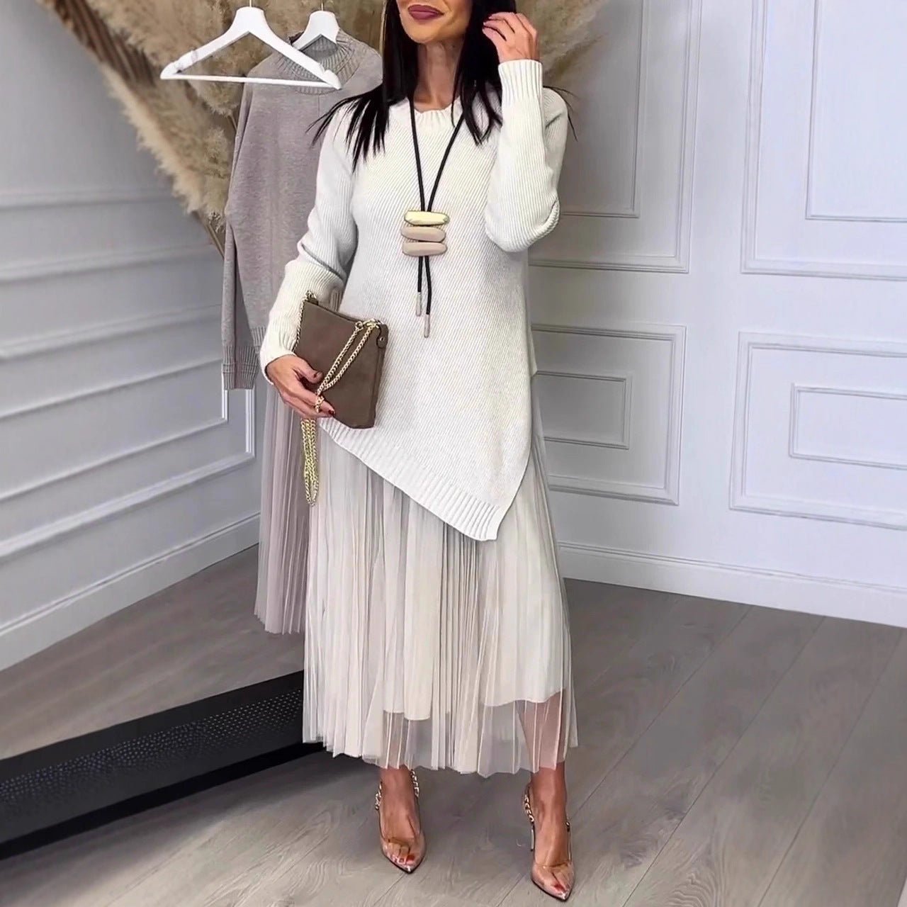 Lined Mesh Pleats Skirt Suit For Women Elegance