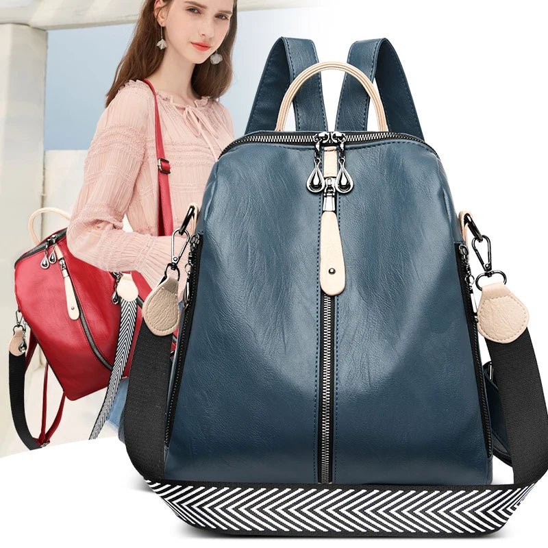 Women's Soft PU Leather Fashion Backpack – Blue - Saunders Fashion