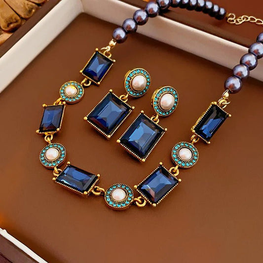 Azure Elegance Pearl and Diamond Jewelry Set - Saunders Fashion