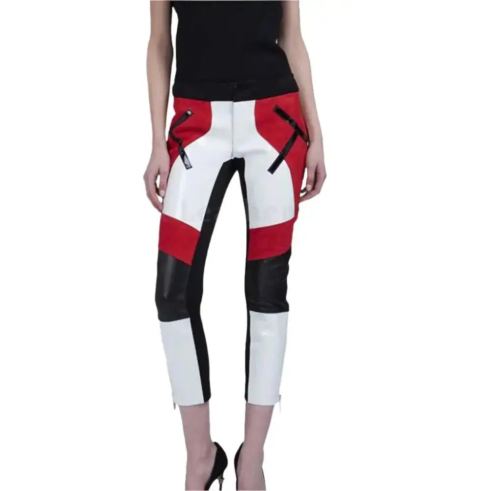 Women's Color Block Genuine Lambskin Leather Capri Pants - Saunders Fashion