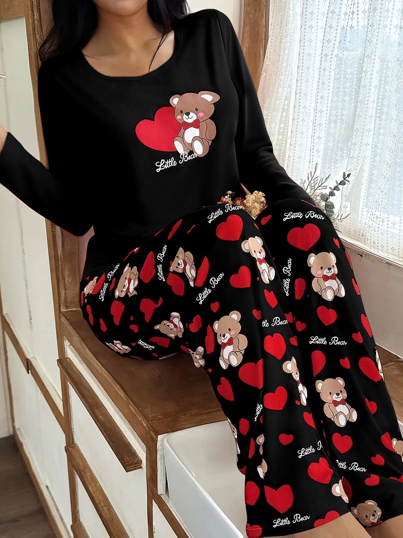 Cozy Hearts Bear Print Pajama Set - Saunders Fashion