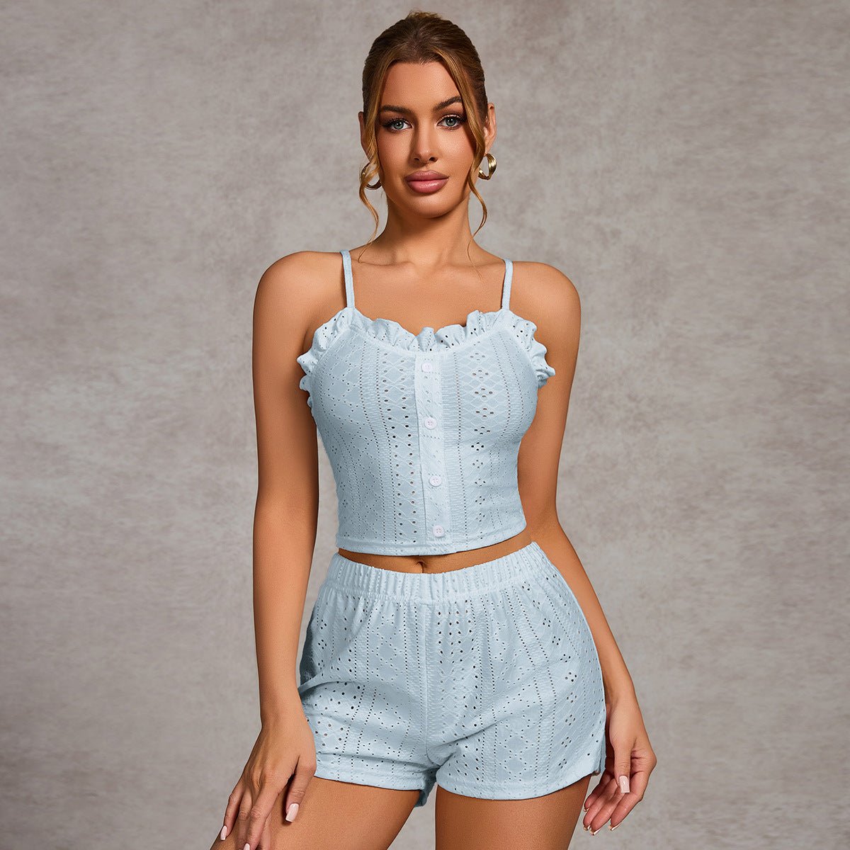 Flirty Buttons Ruffle Crop Top & Shorts Set - Saunders Fashion