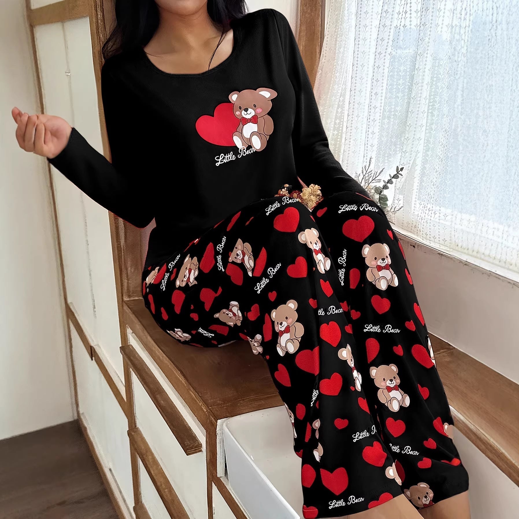 Cozy Hearts Bear Print Pajama Set - Saunders Fashion