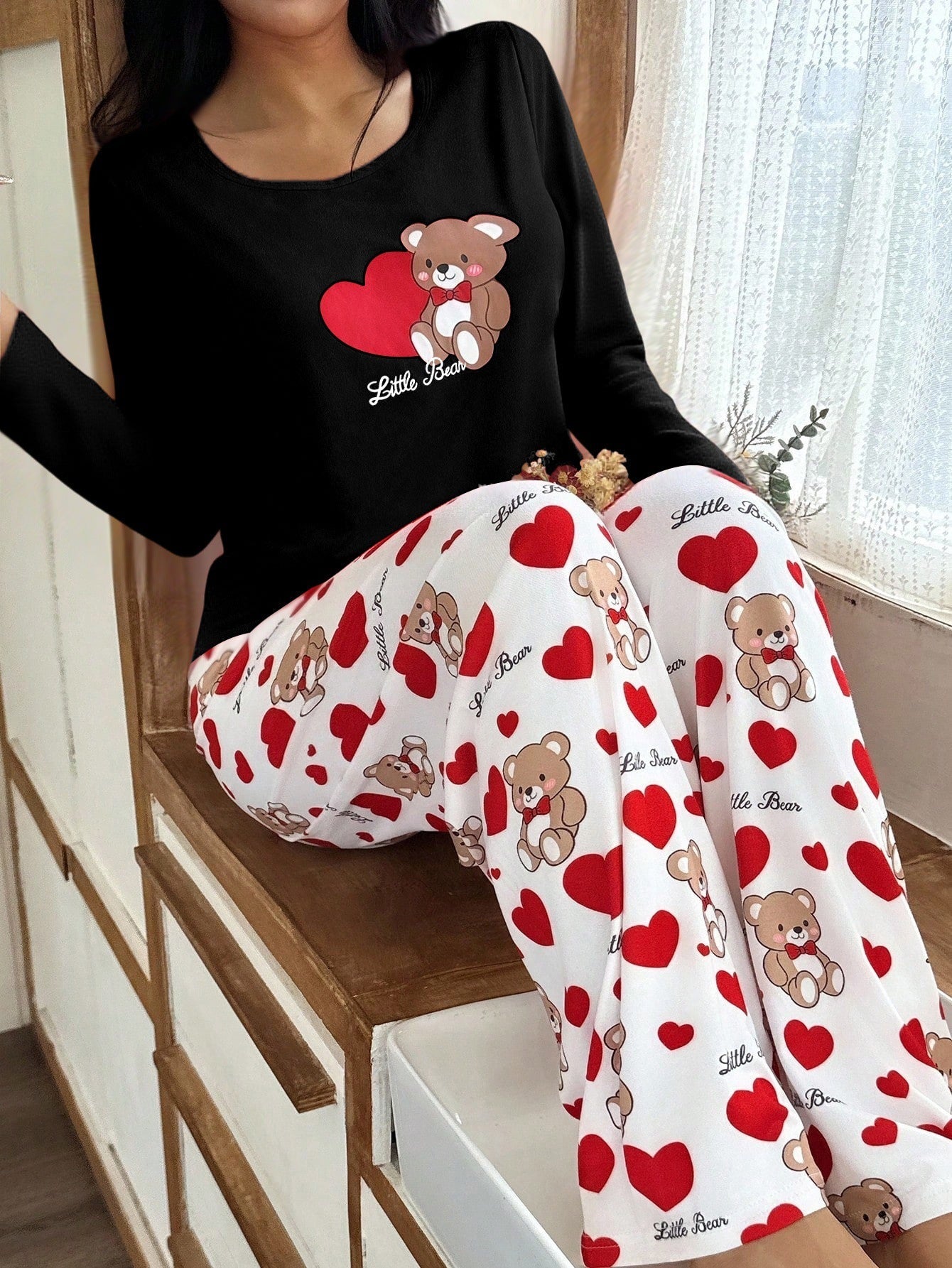 Cozy Hearts Bear Print Pajama Set - Saunders Fashion