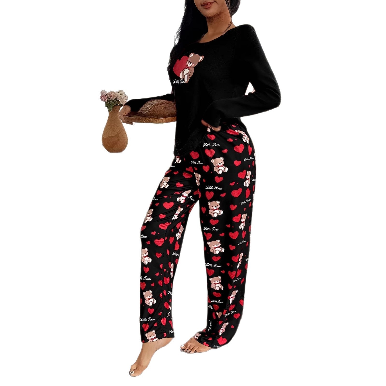 Cozy Hearts Bear Print Pajama Set - Saunders Fashion