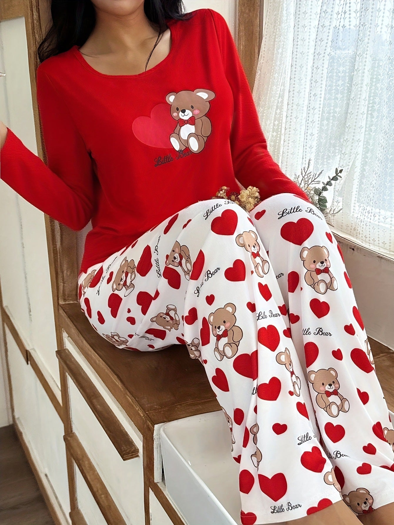 Cozy Hearts Bear Print Pajama Set - Saunders Fashion