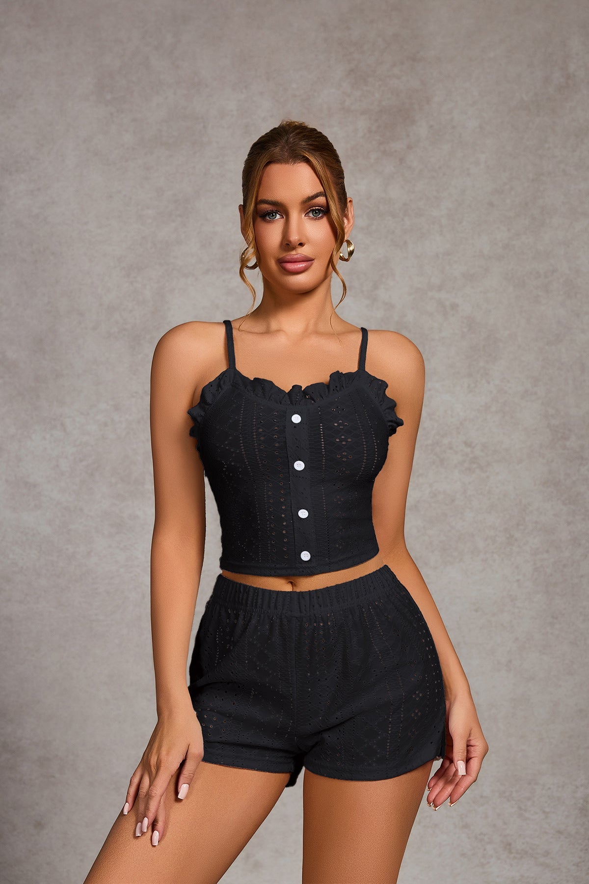 Flirty Buttons Ruffle Crop Top & Shorts Set - Saunders Fashion