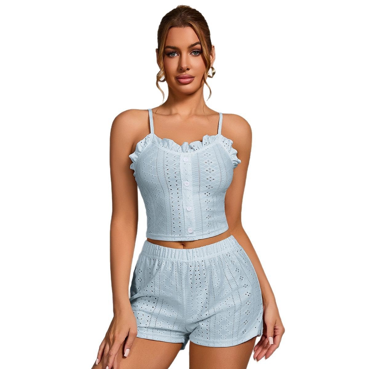 Flirty Buttons Ruffle Crop Top & Shorts Set - Saunders Fashion