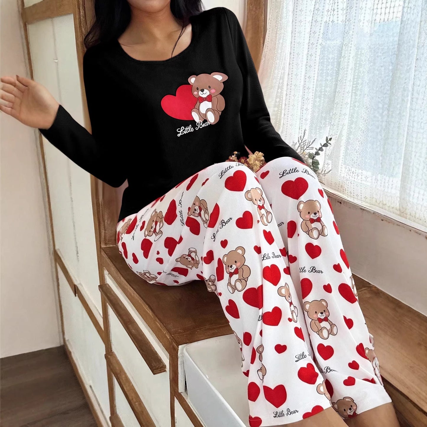 Cozy Hearts Bear Print Pajama Set - Saunders Fashion