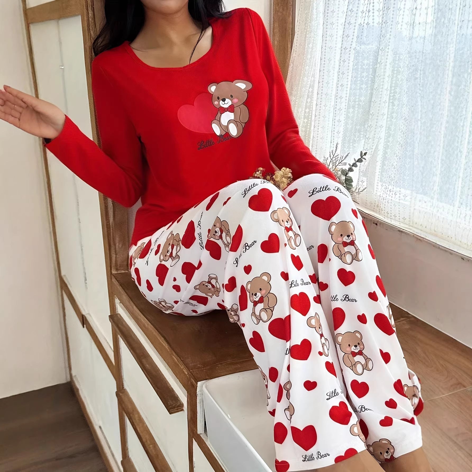 Cozy Hearts Bear Print Pajama Set - Saunders Fashion