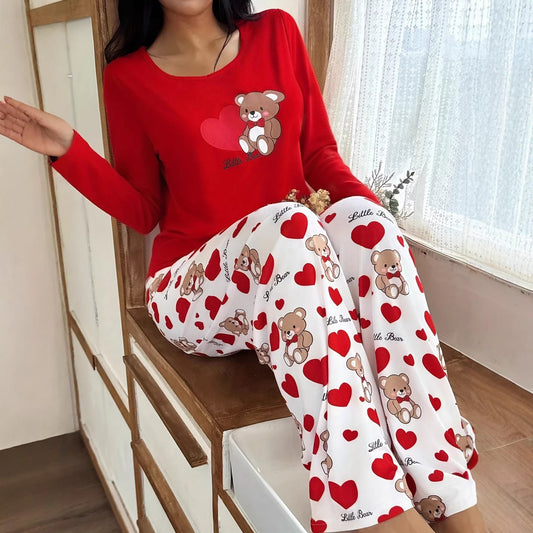 Cozy Hearts Bear Print Pajama Set - Saunders Fashion