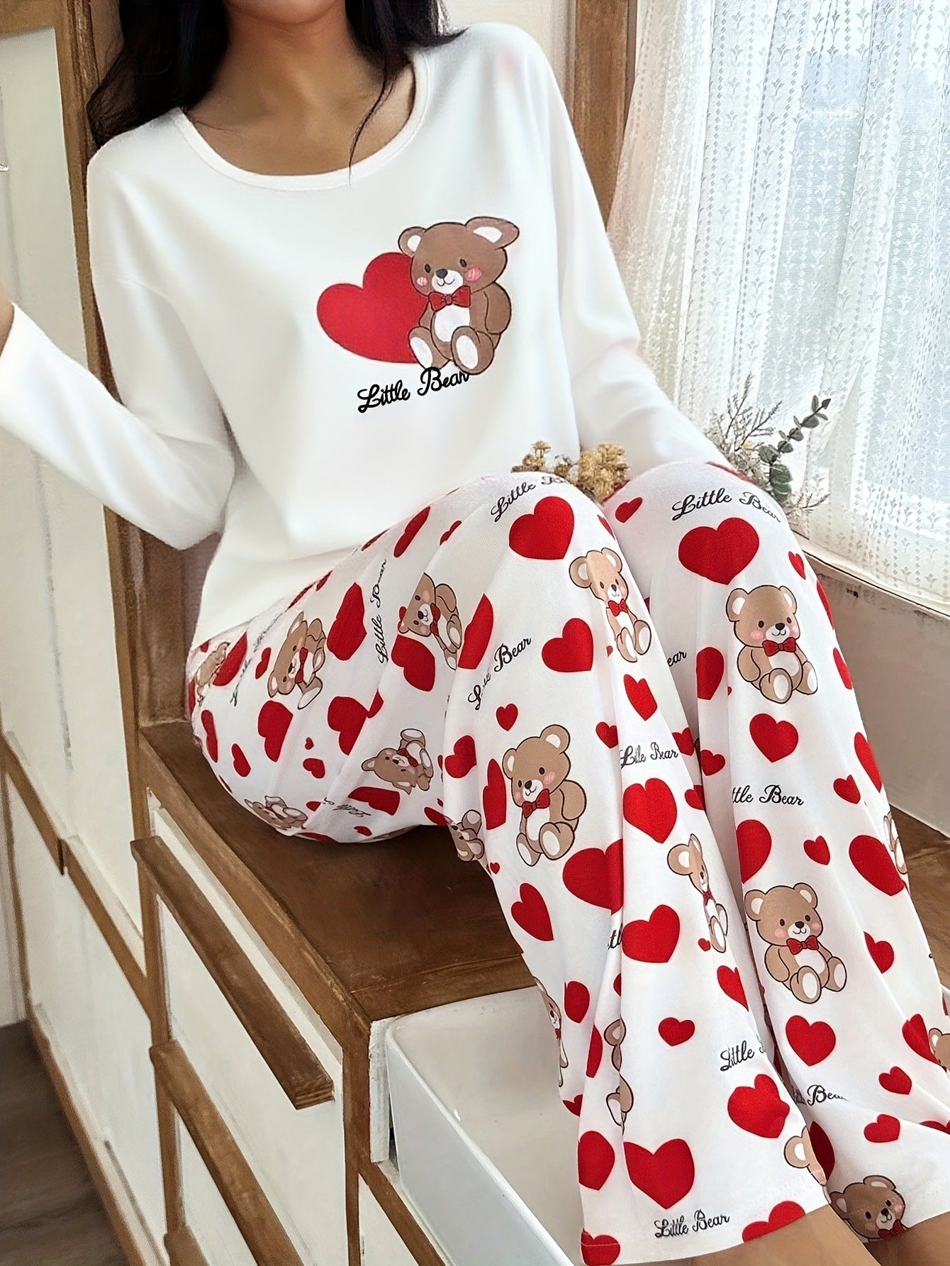 Cozy Hearts Bear Print Pajama Set - Saunders Fashion