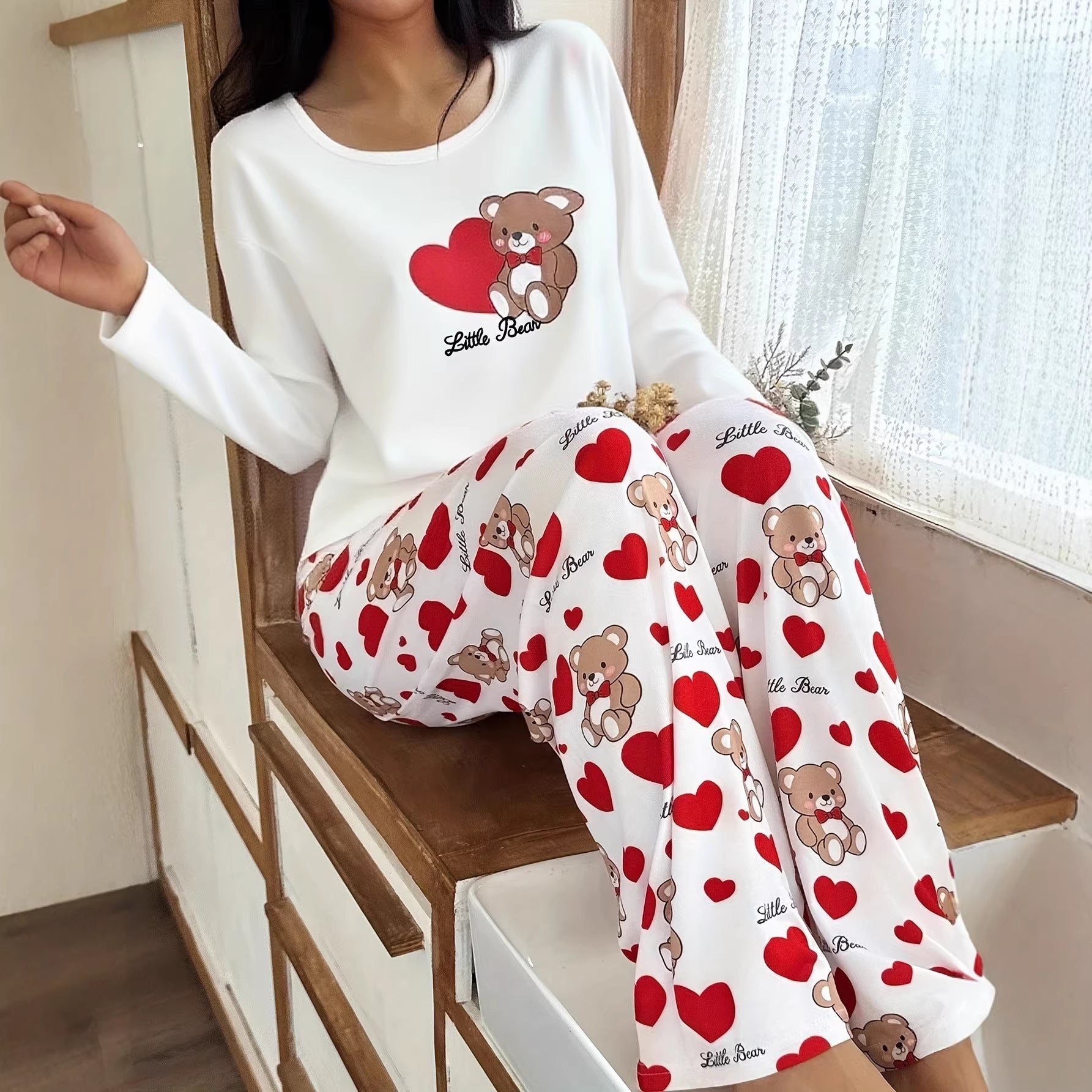 Cozy Hearts Bear Print Pajama Set - Saunders Fashion